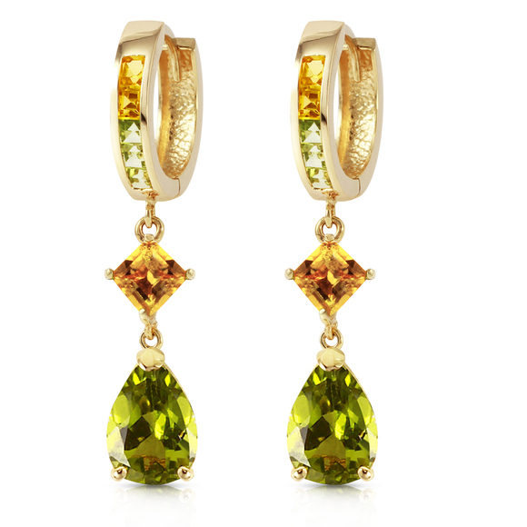 14K. HUGGIE EARRING WITH DANGLING PERIDOT & CITRINES (Yellow Gold) - Picture 2 of 3